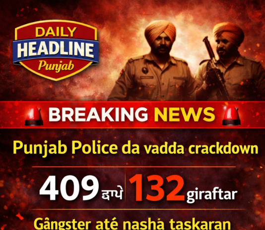 🗞️ Daily Headline Punjab 🚨 ਪੰਜਾਬ ਪੁਲਿਸ ਦਾ ਵੱਡਾ ਕ੍ਰੈਕਡਾਊਨ – 409 ਛਾਪੇ, 132 ਗ੍ਰਿਫ਼ਤਾਰ